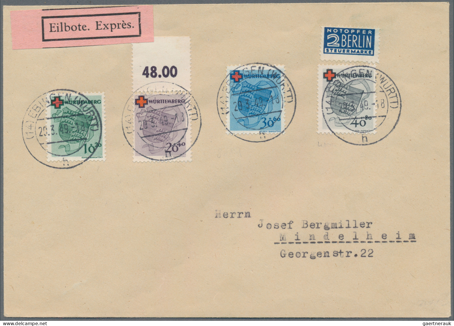 Französische Zone - Württemberg: 1949, 10 Pf Bis 40 Pf Rotes Kreuz, Kompletter S - Sonstige & Ohne Zuordnung