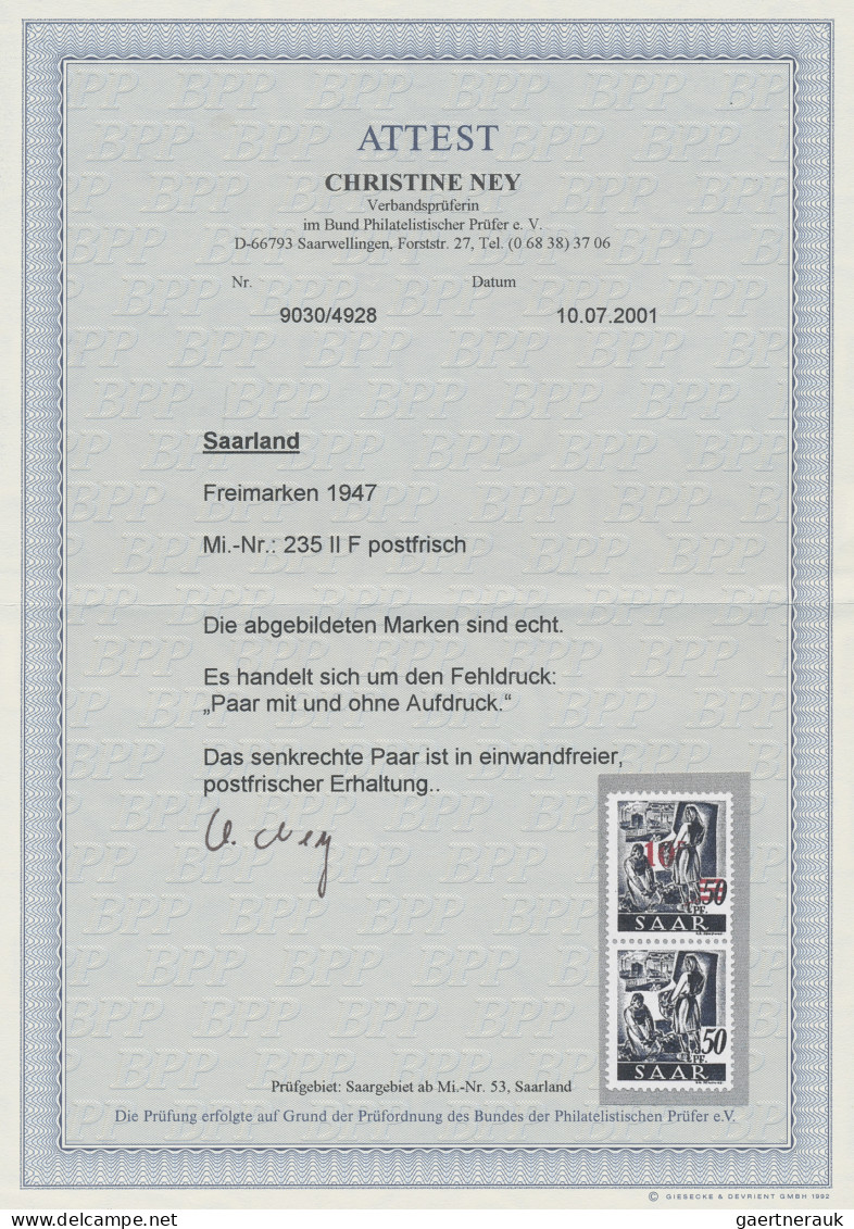 Saarland (1947/56): 1947, 10 Fr Auf 50 Pfg, Senkrechtes Paar, Obere Marke Mir Au - Unused Stamps
