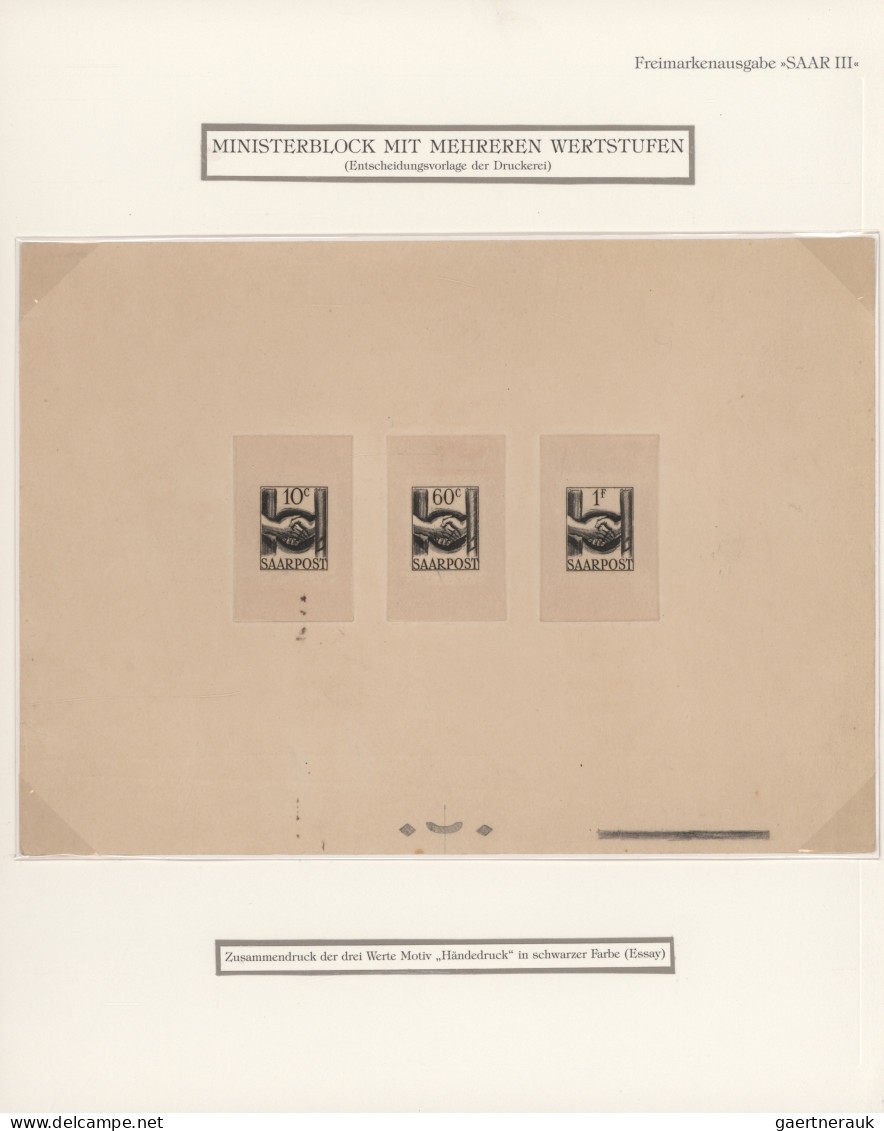 Saarland (1947/56): 1948, Hände Probedruck 10 C., 60 C. Und 1 Fr. Freimarken In - Unused Stamps