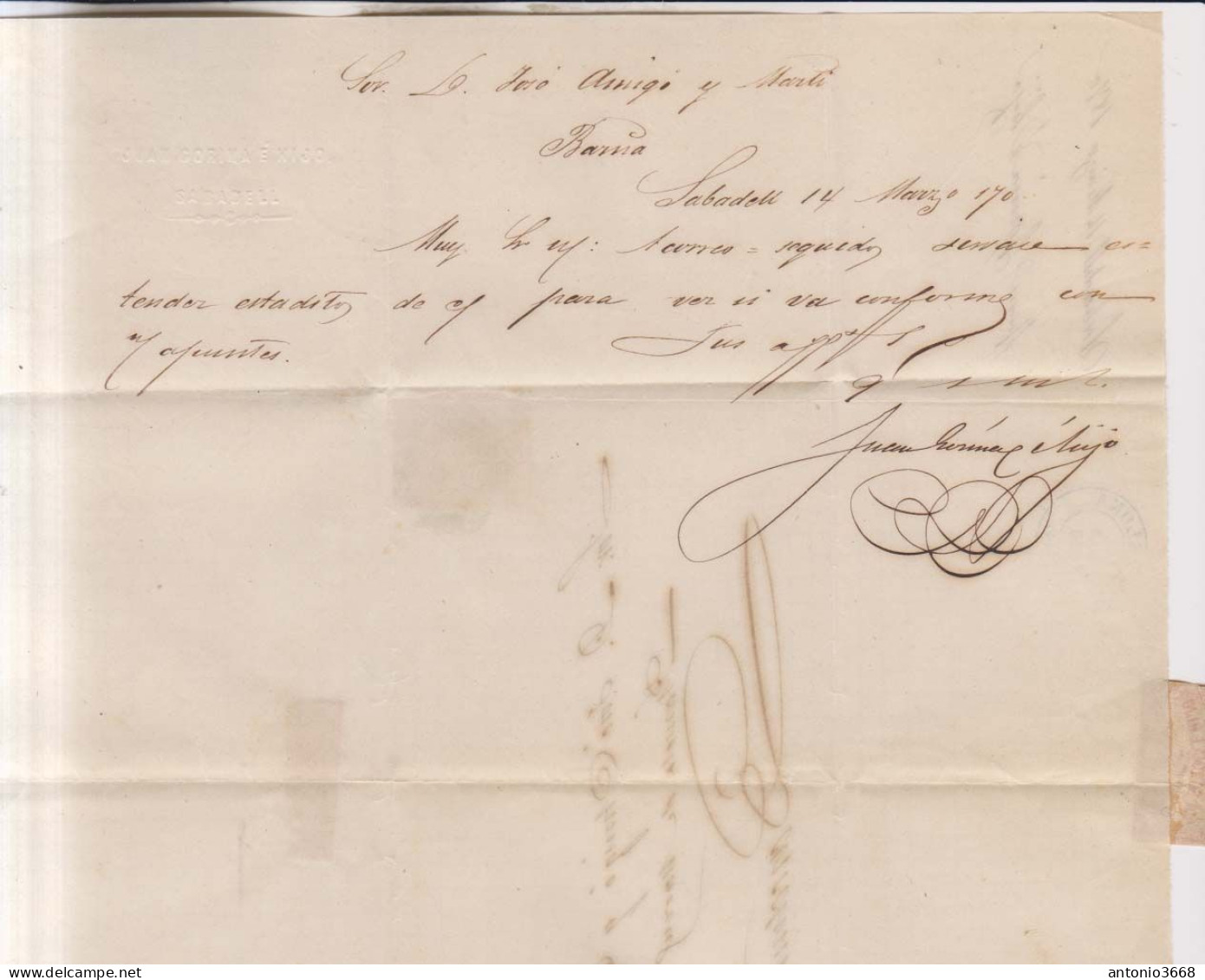 Año 1870 Edifil 107 50m Sellos Efigie Carta  Matasellos Sabadell Barcelona Membrete Juan Gorina E Hijo - Briefe U. Dokumente
