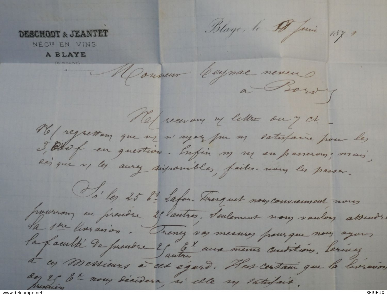 DH9 FRANCE BELLE LETTRE  1871 MAISON VIN CHATEAU BLAYE A BORDEAUX + CERES BORDEAUX    +MARGES+ AFF. INTERESSANT++ - 1870 Ausgabe Bordeaux