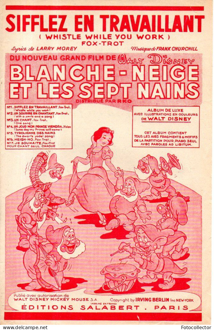 Sifflez En Travaillant (Whistle While You Work) Chanson Du Film Disney Blanche Neige Et Les 7 Nains Par Churchill 1938 - Compositori Di Musica Di Cinema