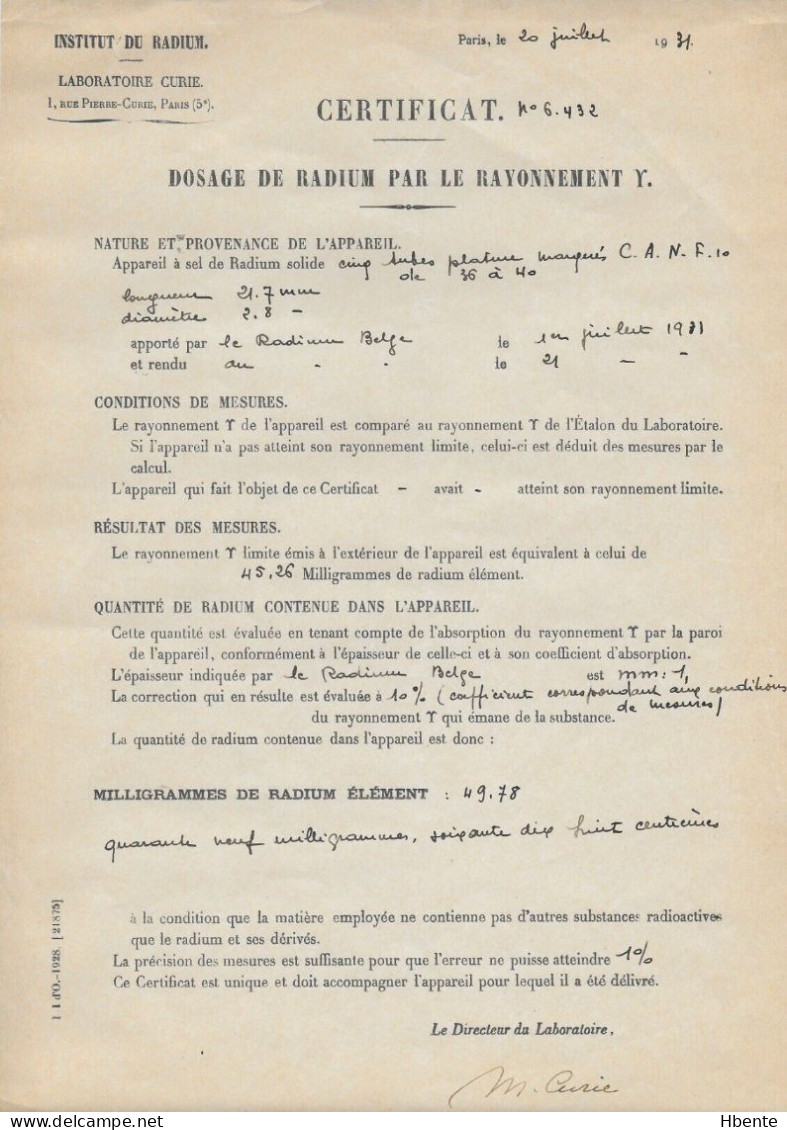 Dosage Radium Rayonnement Gamma Signé Marie Curie (Photo) - Objets