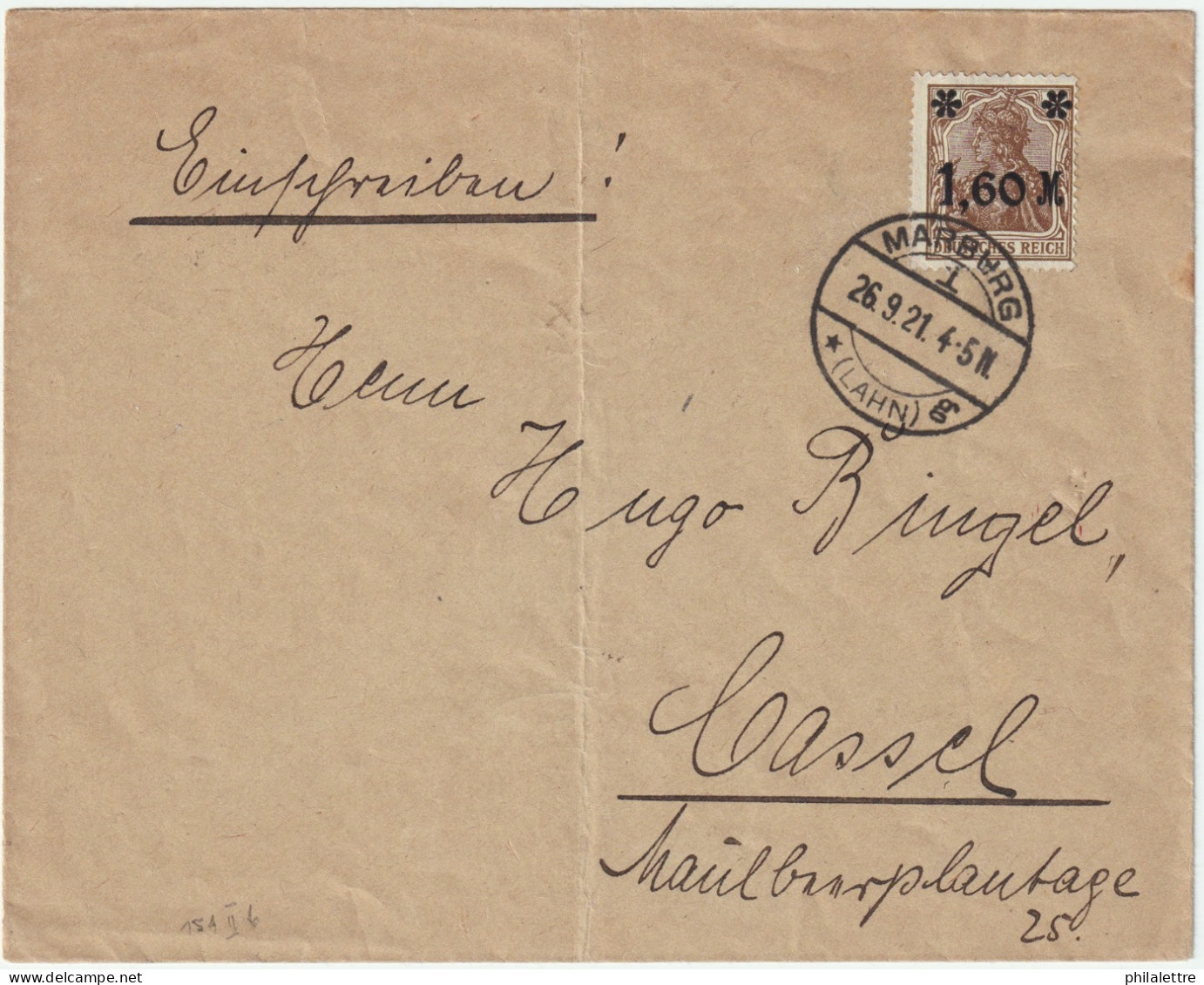 ALLEMAGNE / GERMANY - 1921 - Mi.154.Ia Seul Sur Lettre / Single On Cover From Margburg To Cassel - Covers & Documents