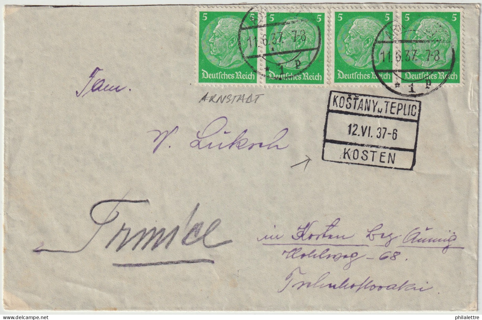 ALLEMAGNE / GERMANY - 1937 4xMi.515 On Cover From ARNSTADT To KOŠŤANY U TEPLIC (Kosten), Czechoslovakia - Covers & Documents