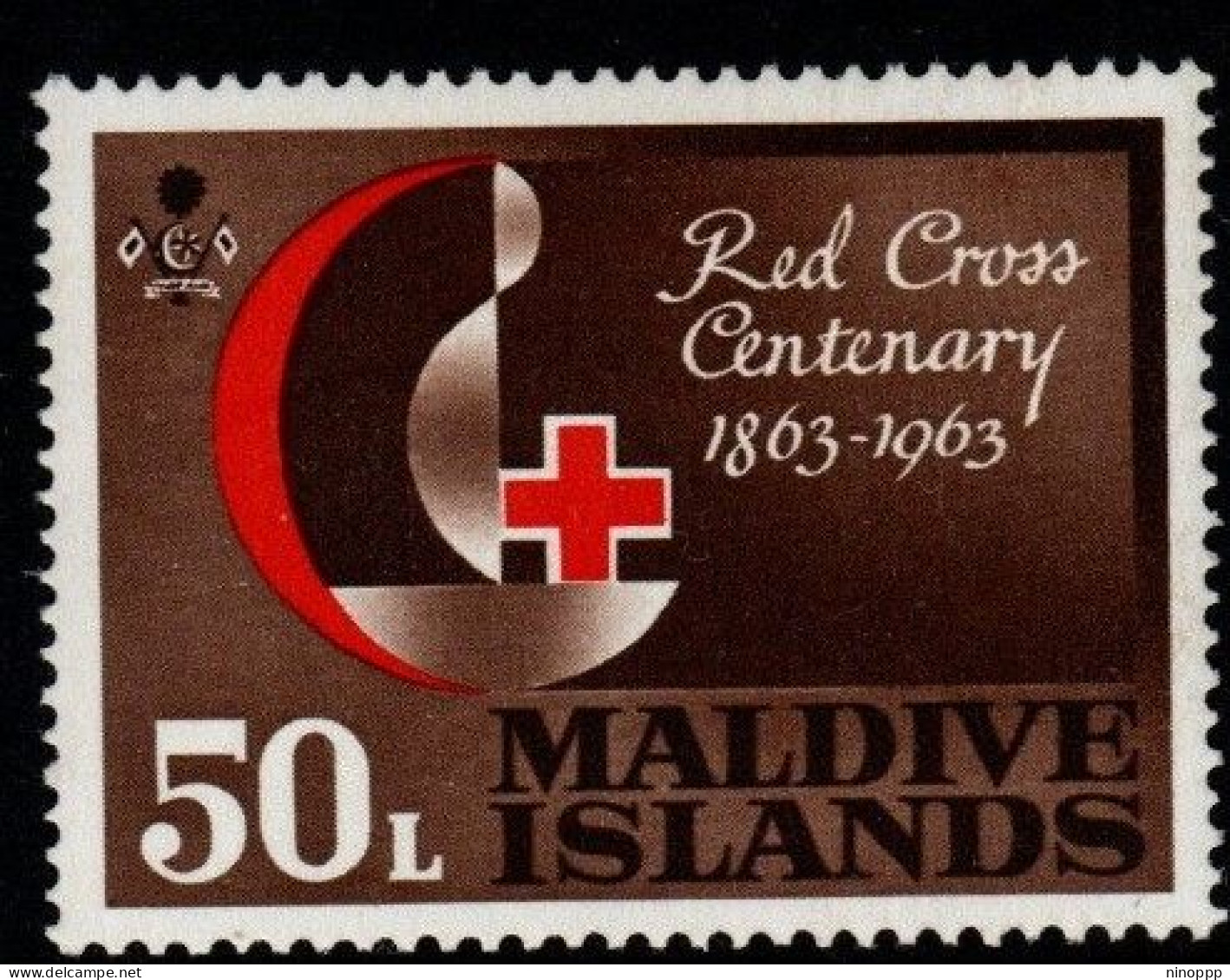 Maldives Cat 126 1963 100th Anniversary Red Cross 50L Brown Red, Mint Hinged - Maldives (...-1965)