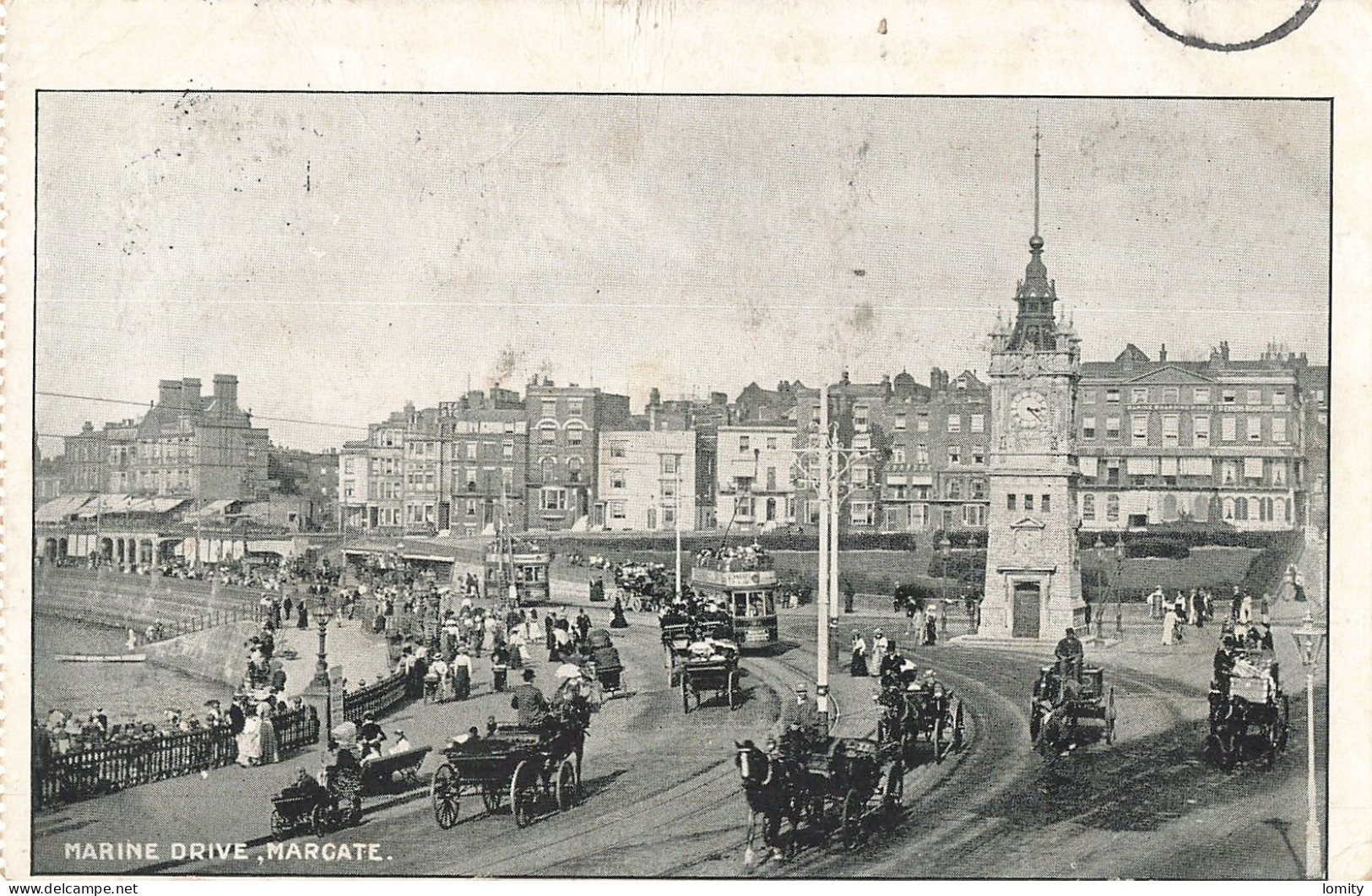 Angleterre Margate Marine Drive CPA + Timbre Cachet 1911 , Attelage Tram Tramway - Margate