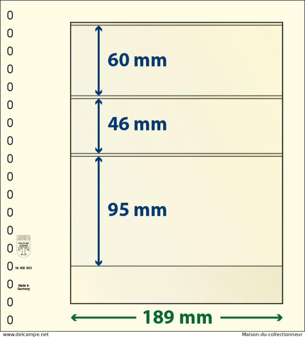 Paquet De 10 Feuilles Neutres Lindner-T 3 Bandes 95 Mm,46 Mm Et 60 Mm - Für Klemmbinder