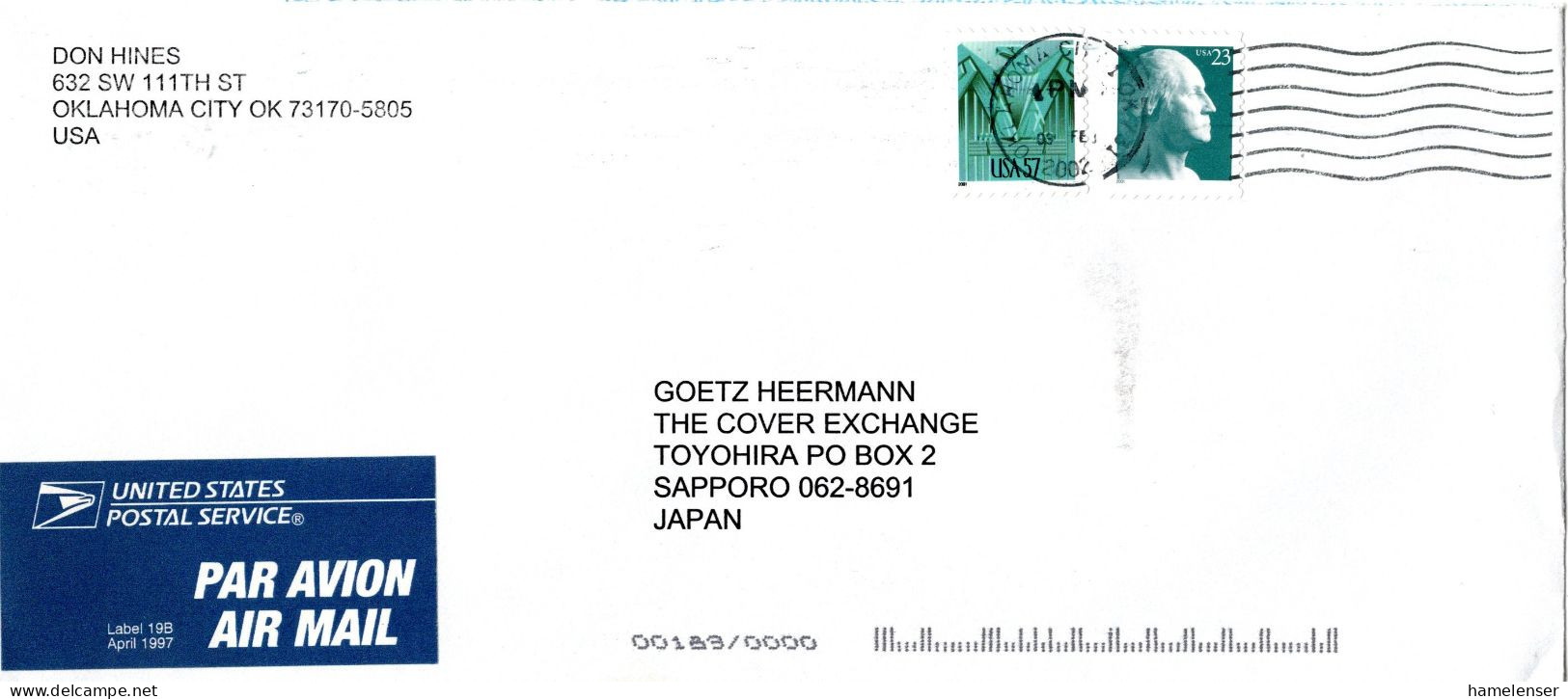 L74043 - USA - 2002 - 57¢ Adler MiF A LpBf OKLAHOMA OK -> Japan - Storia Postale