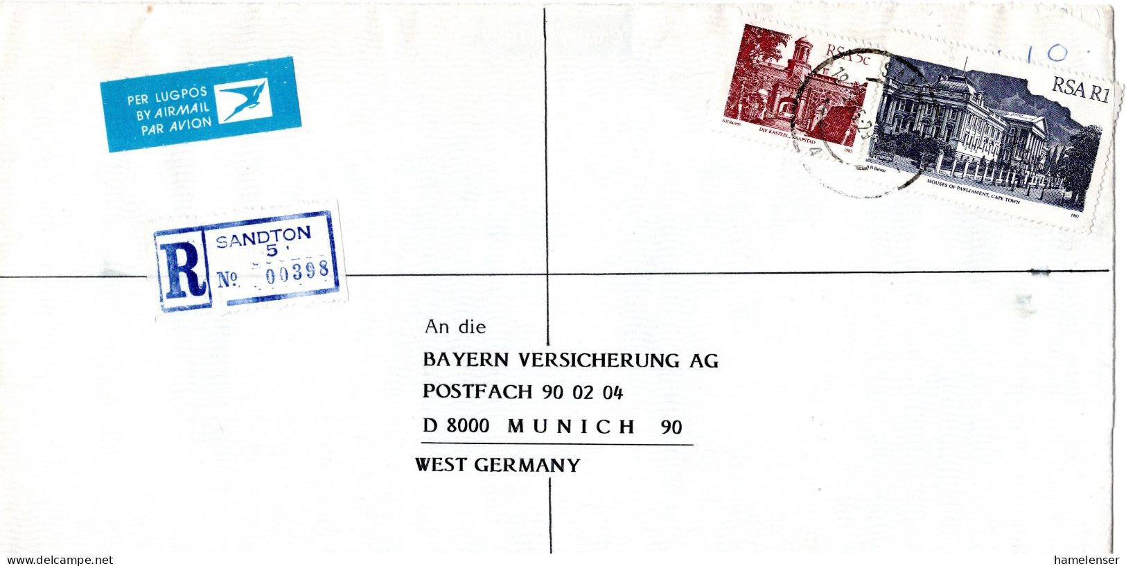 L74050 - Südafrika - 1985 - R1 Parlament MiF A R-LpBf SANDTON -> Westdeutschland - Lettres & Documents