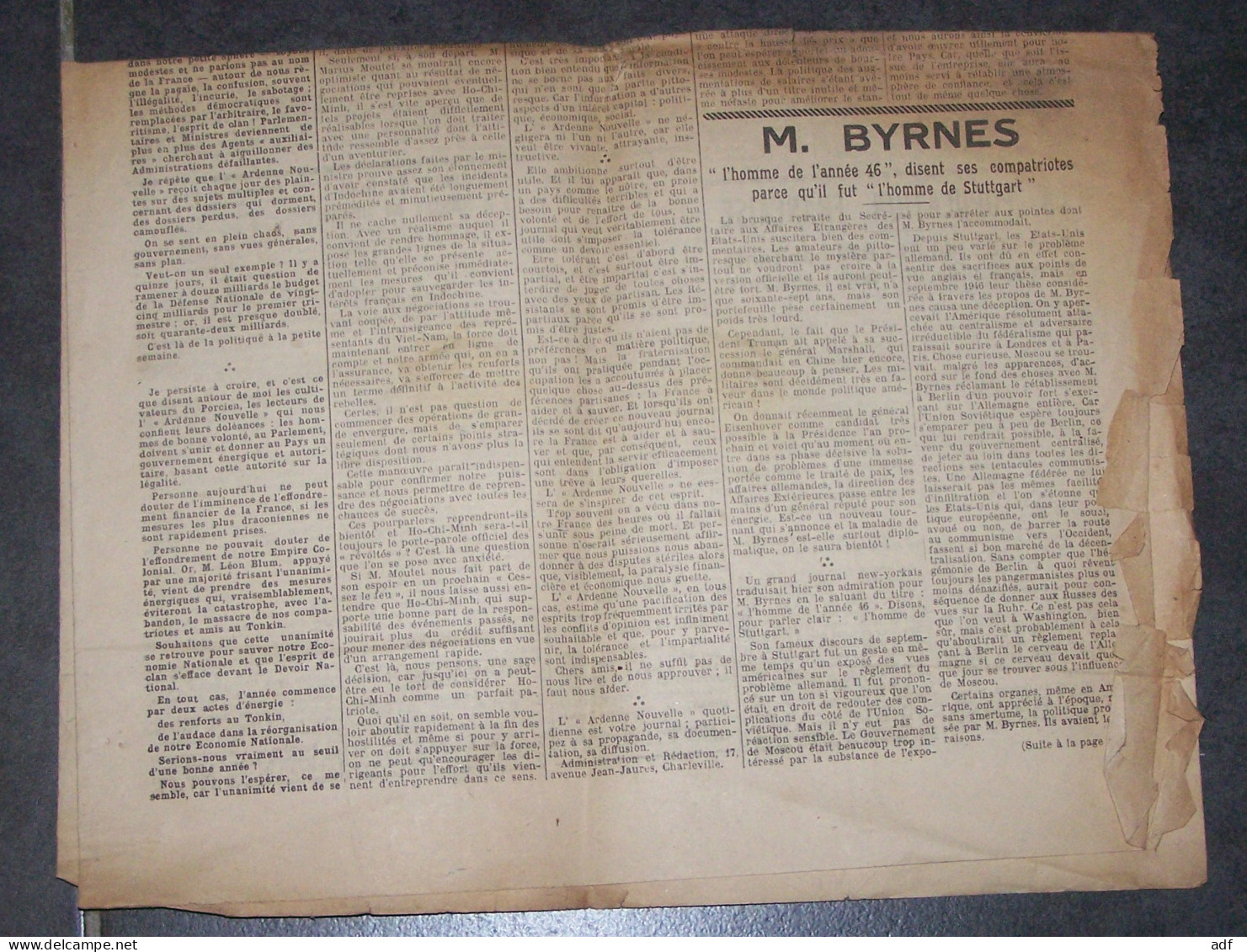 RARE " L'ARDENNE NOUVELLE " JOURNAL DE LA RESISTANCE ARDENNAISE, 1947, CHARLEVILLE, ARDENNES, DIRECTEUR COLONEL BIENFAIT