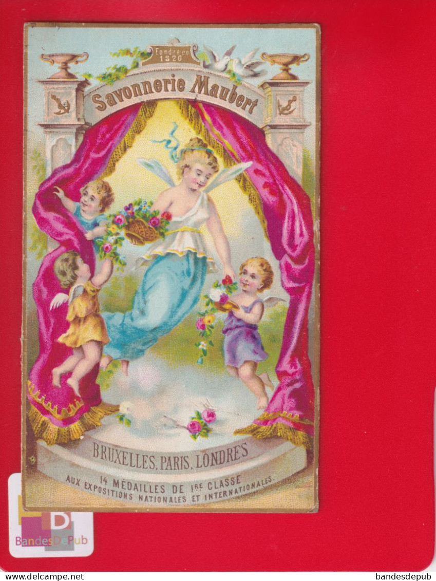 Savon Savonnerie  Maubert Superbe Chromo Calendrier 1880 Jeune Fille Ange Angelots - Andere & Zonder Classificatie