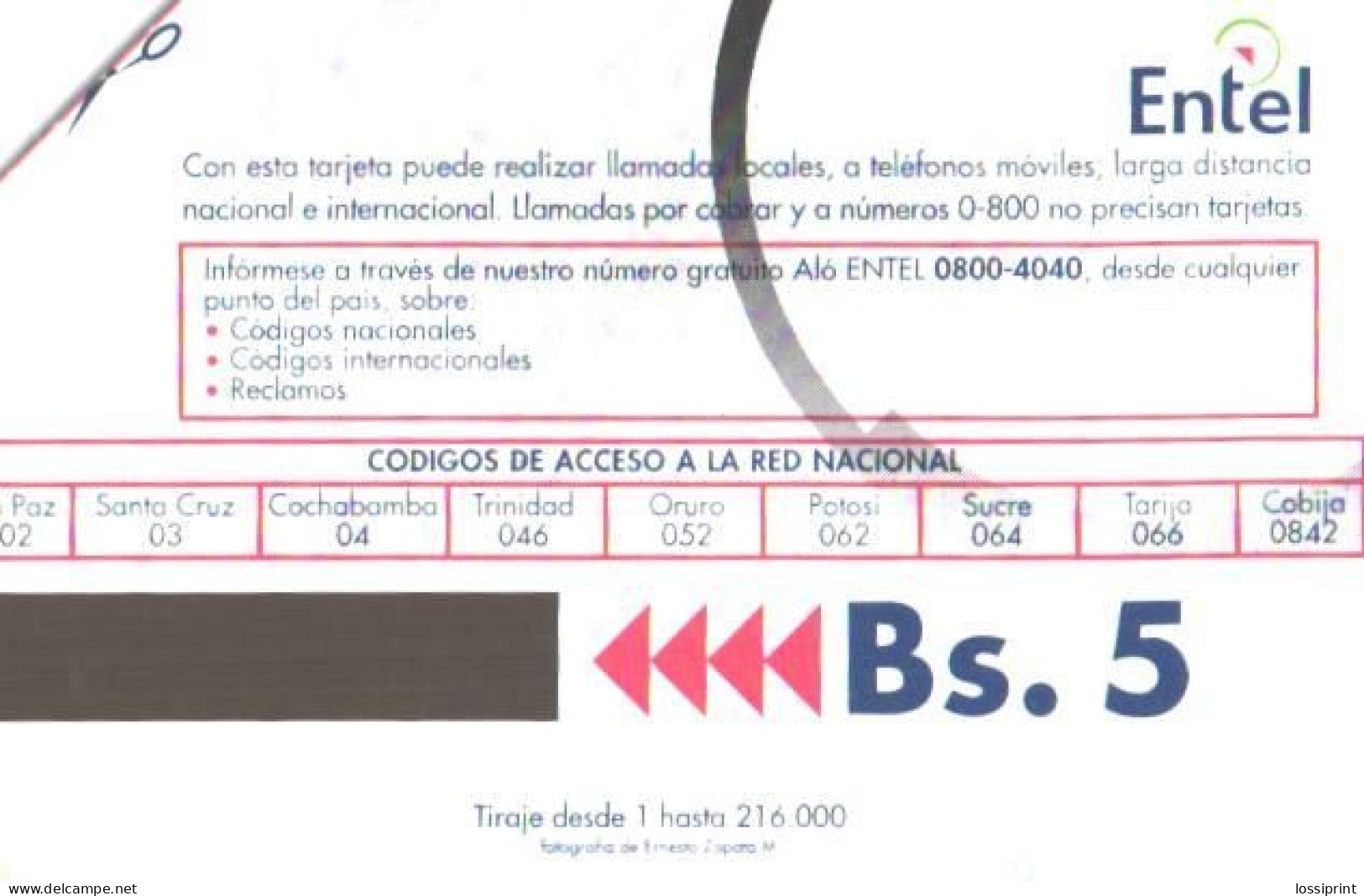 Bolivia:Used Phonecard, Entel, 5 Bs, Arcangel Osriel Dei - Bolivien