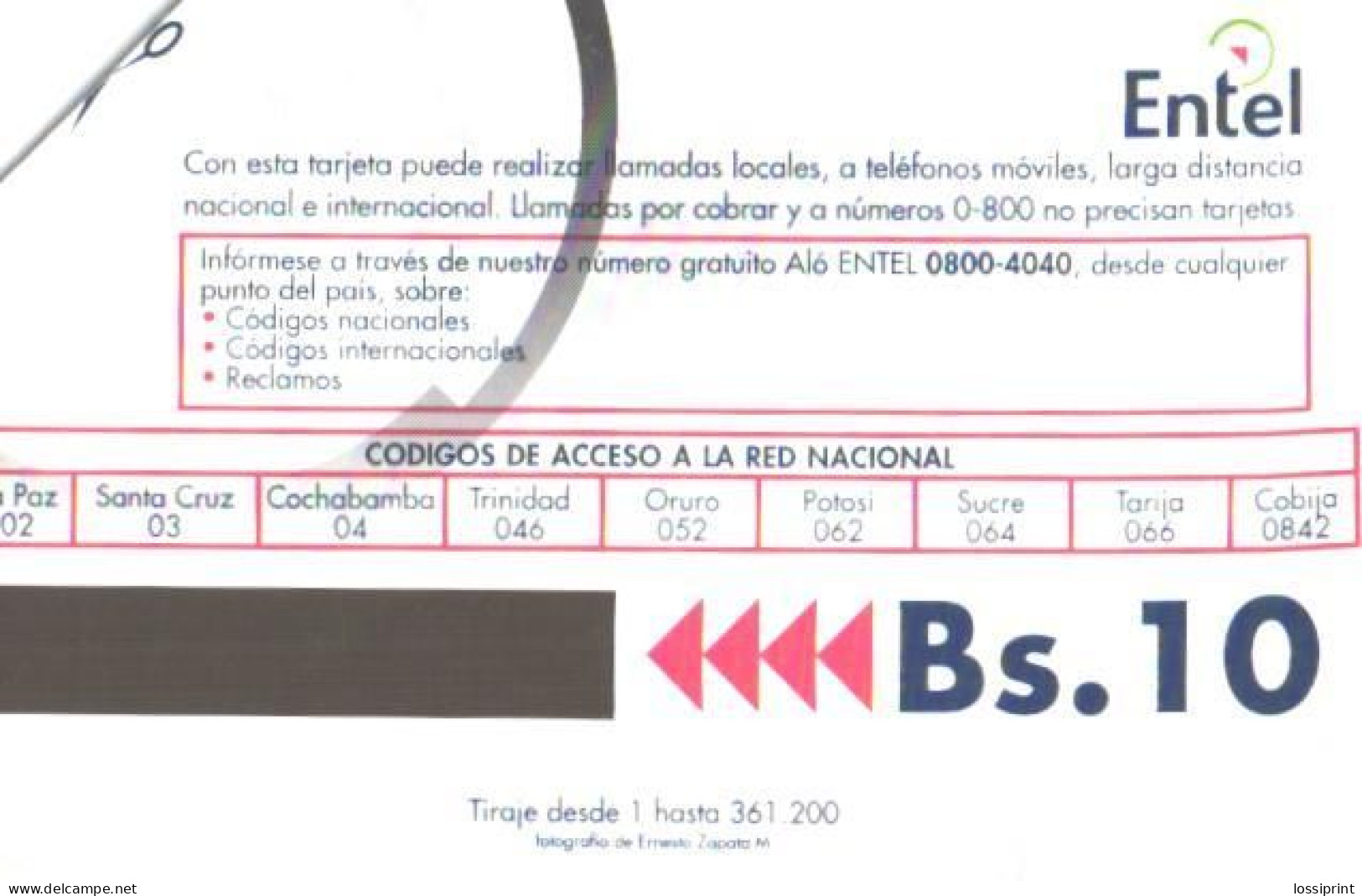 Bolivia:Used Phonecard, Entel, 10 Bs, Arcangel Tamborero - Bolivien