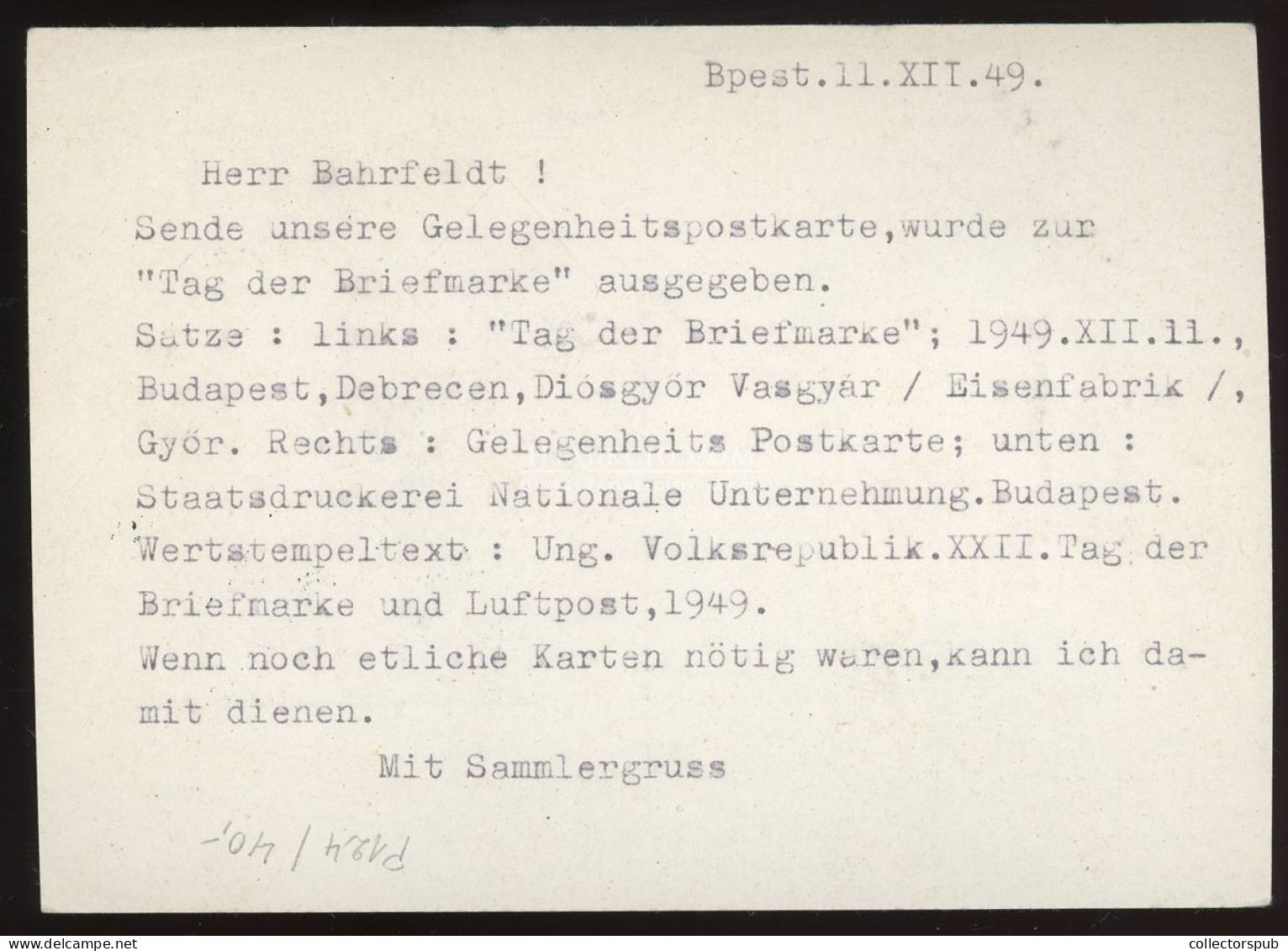 1949 Bélyegnap Díjjegyes Levelezőlap FDC - Brieven En Documenten