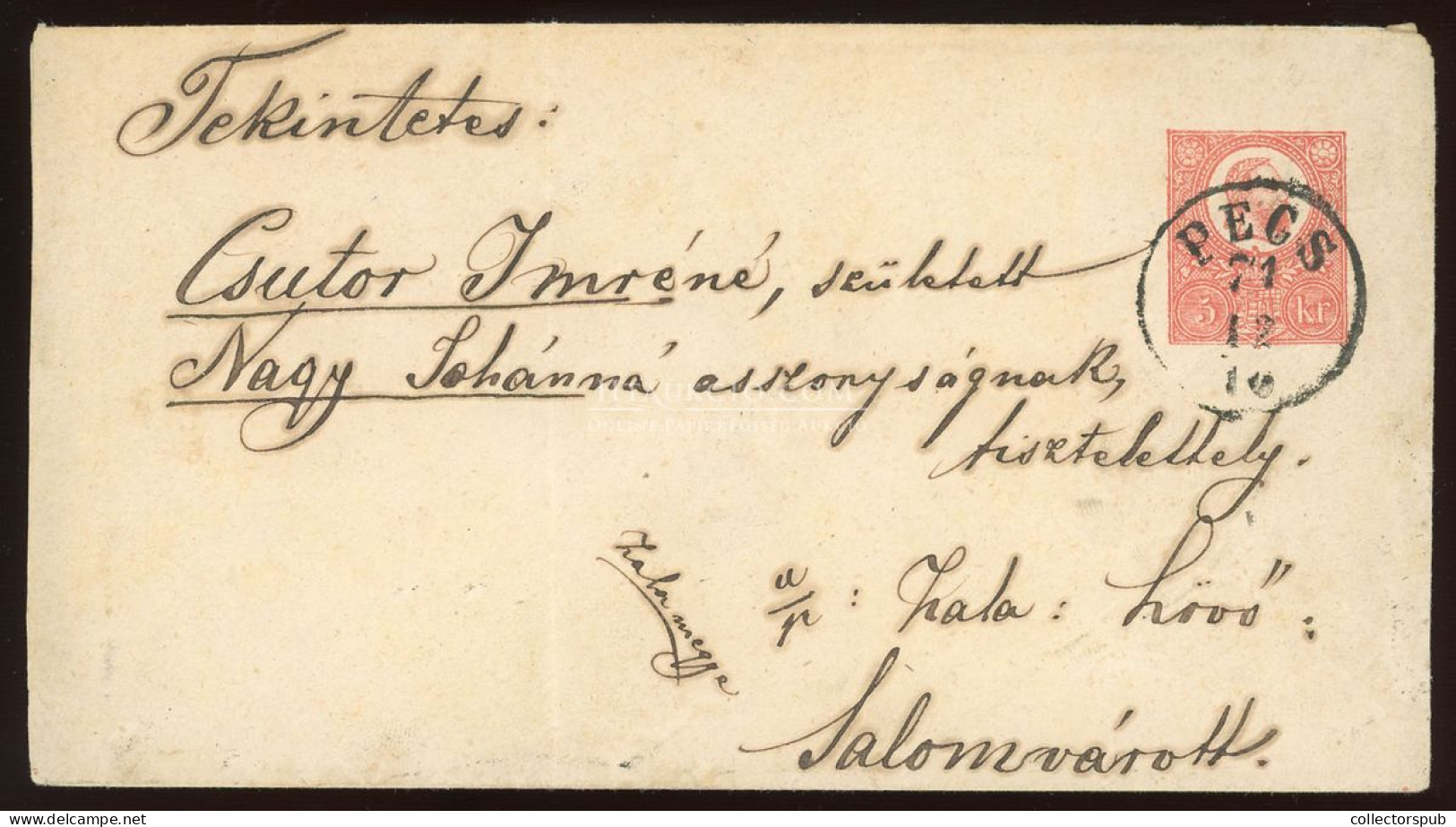 PÉCS 1871. Szép 5kr-os Díjjegyes Boríték Salomvárra - Lettres & Documents