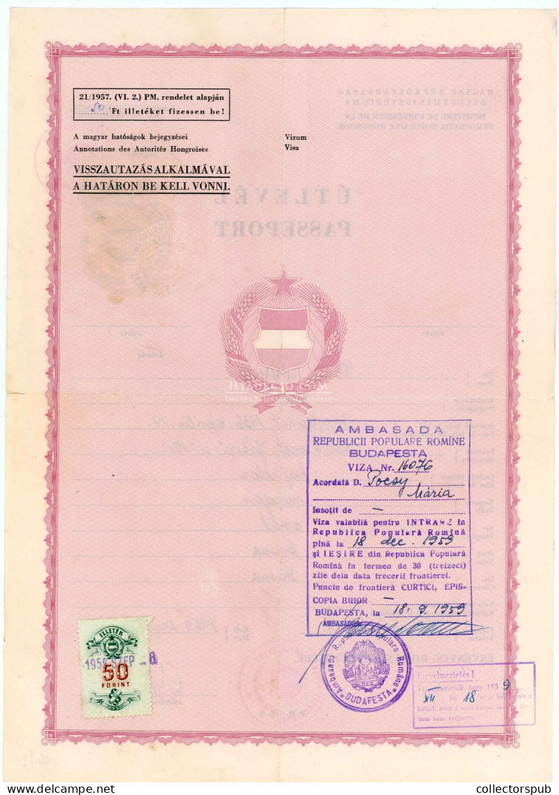 1959. A Magyar Népköztársaság Fényképes útlevele Románia Területére. Igen Ritka Darab! Passport - Sonstige & Ohne Zuordnung