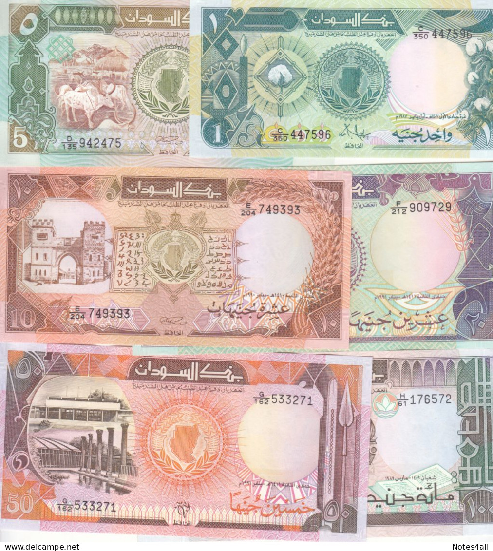 SUDAN 1 5 10 20 50 100 POUNDS 1987 1991 P39 40 41 47 48 UNC SET 4 - Sudan