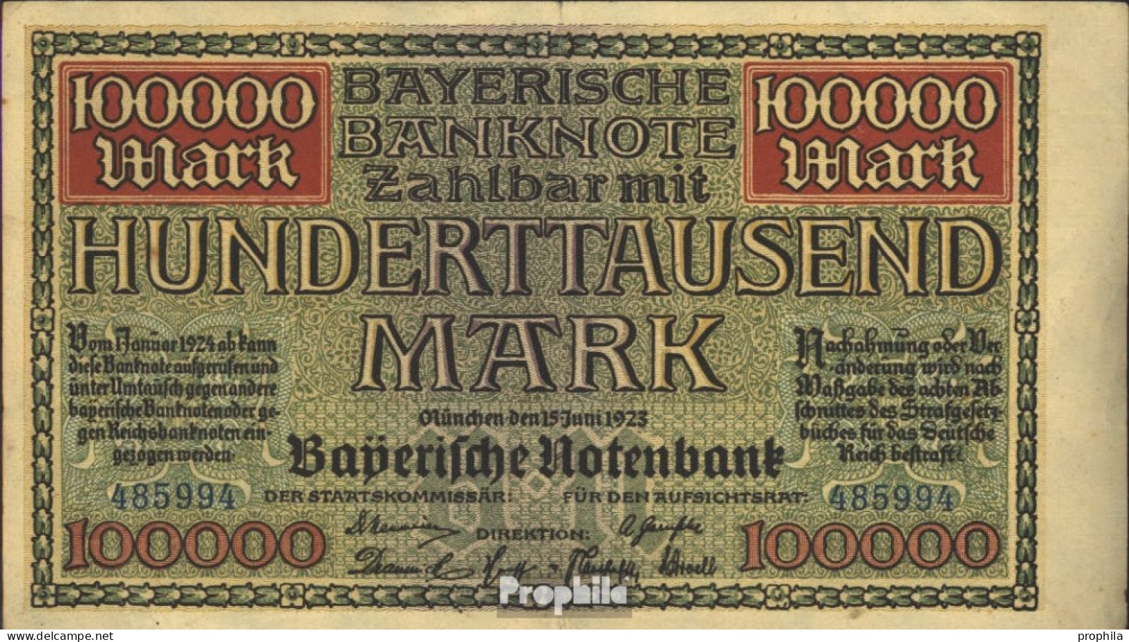 Bayern Rosenbg: BAY9, Länderbanknote Bayern Gebraucht (III) 1923 100.000 Mark - Autres & Non Classés