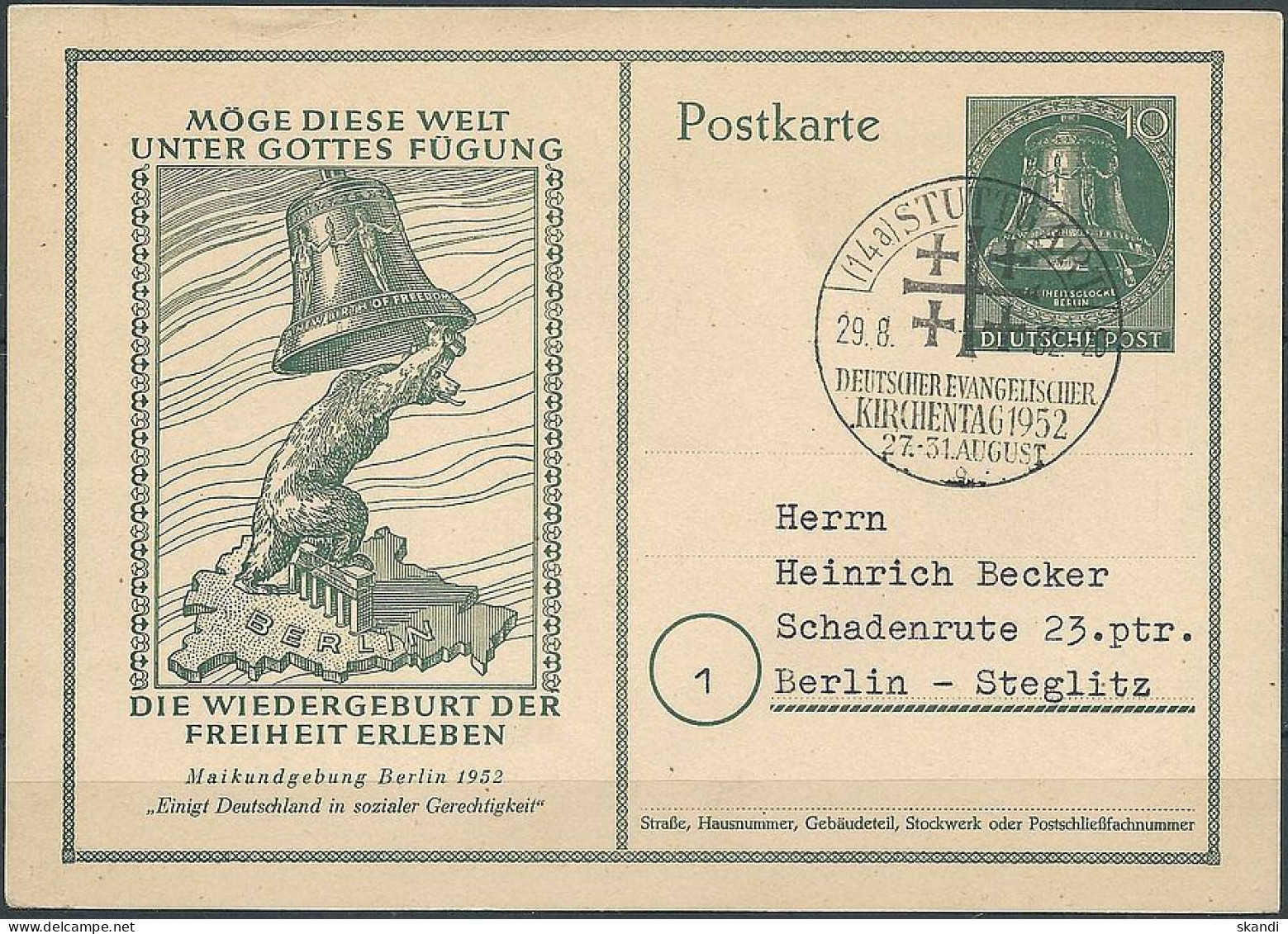 BERLIN 1952 Mi-Nr. P 28 Postkarte Gestempelt Stuttgart Kirchentag 1952 - Postkarten - Gebraucht