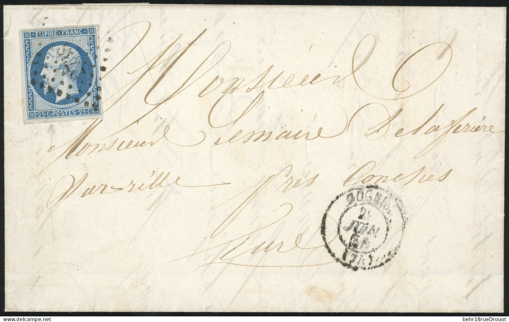 Obl. 15 -- 25c. Bleu Obl. PC 2738 S/lettre Frappée Du CàD De ROUEN Du 28 Juin 1854 à Destination De CONCHES - EURE. 2 Su - 1853-1860 Napoléon III