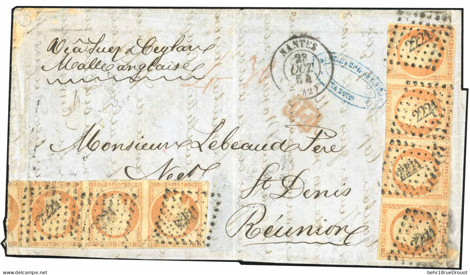 Obl. 16 -- 40c. Orange, Bande De 4 X 2, Obl. PC 2221 S/lettre Frappée Du CàD De NANTES Du 23 Octobre 1854 à Destination  - 1853-1860 Napoléon III