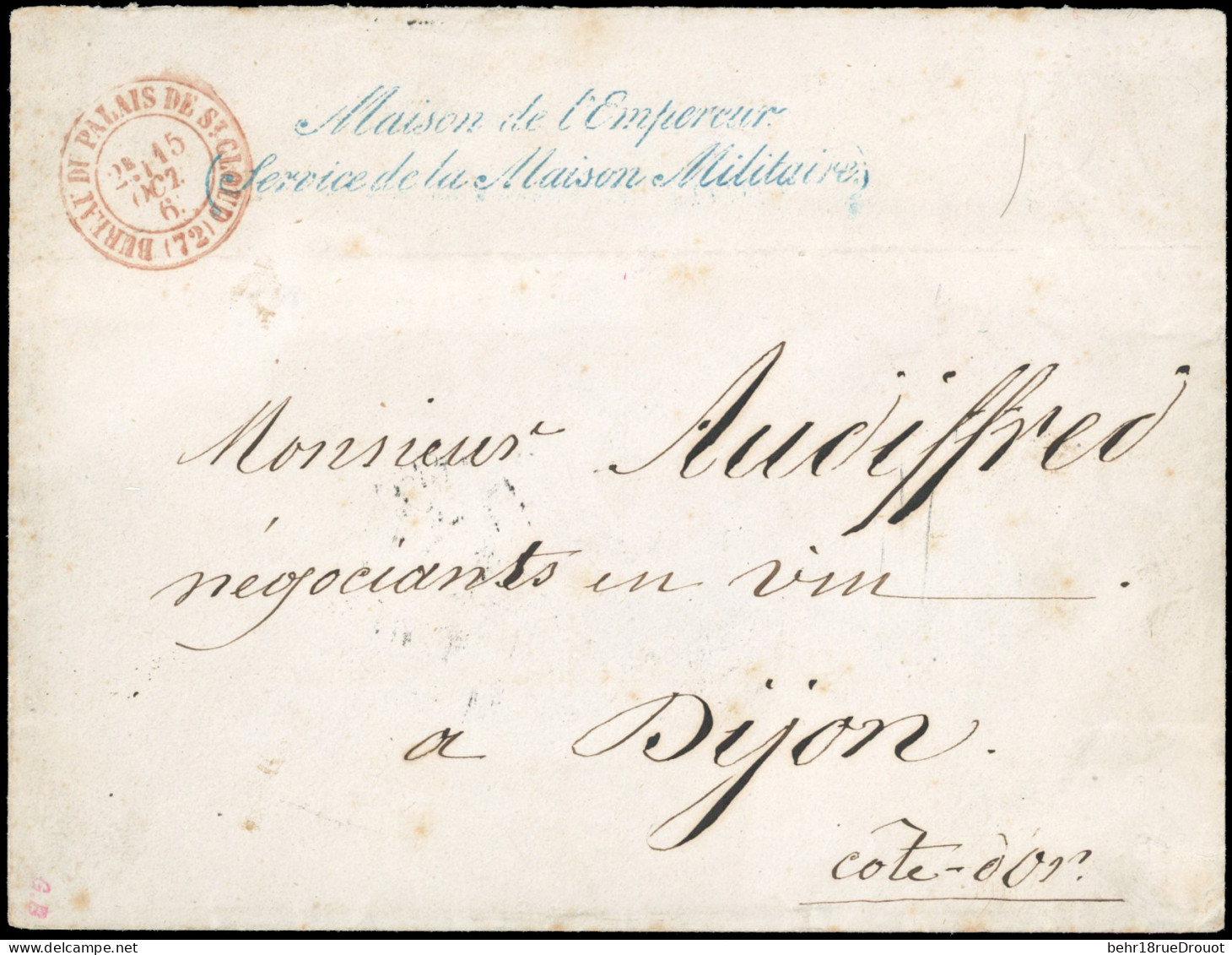 Obl. Lettre En Franchise Frappée De La Griffe Bleue MAISON DE L'EMPEREUR (SERVICE DE LA MAISON MILITAIRE) Et Du CàD BURE - 1862 Napoléon III