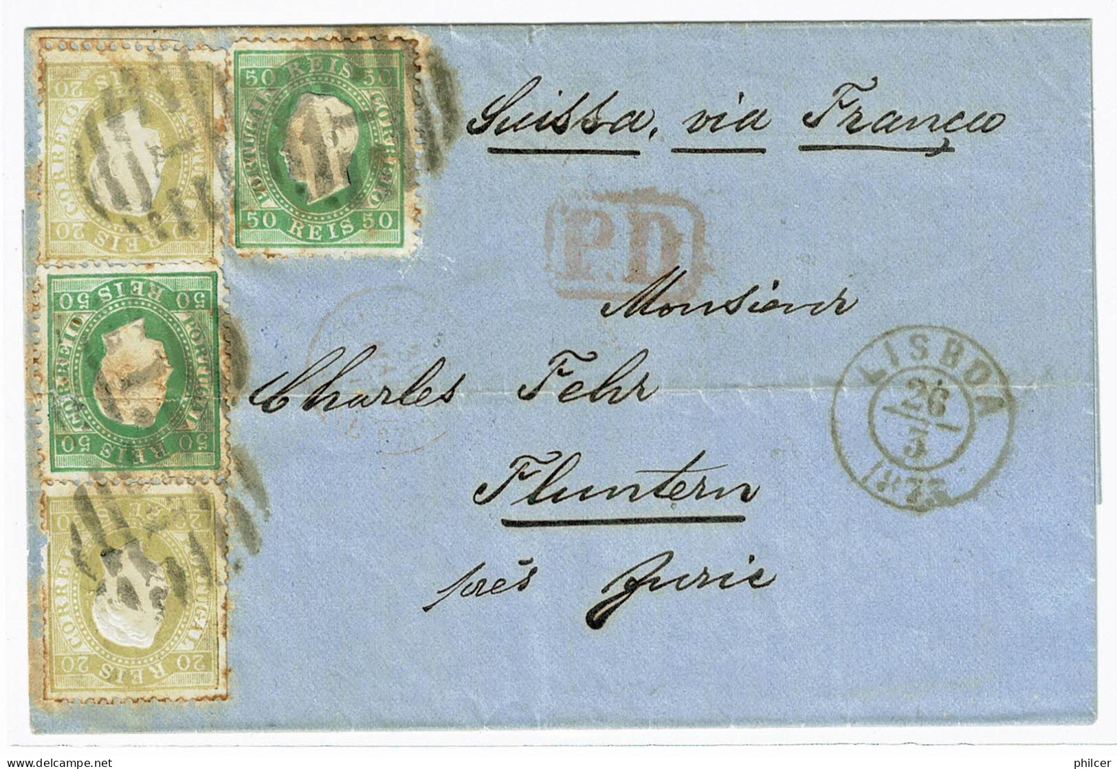 Portugal, 1873, # 39, 41 Dent. 12 1/2, Para Fluntern - Cartas & Documentos