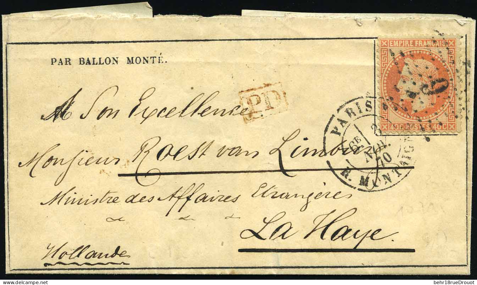 Obl. 31 -- LE FERDINANT FLOCON. 40c. Lauré S/formule Imprimée Frappée Du CàD De PARIS Du 3 Novembre 1870 à Destination D - Guerre De 1870