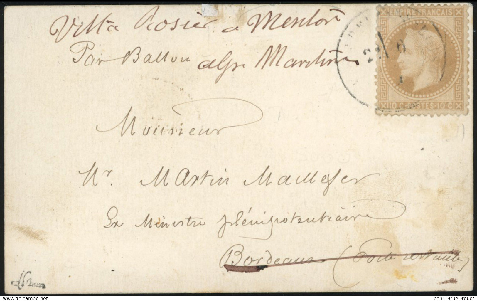 Obl. 29 -- LA GIRONDE. 10c. Lauré S/carte Frappée Du CàD De PARIS Du 6 Novembre 1870 à Destination De BORDEAUX Puis De M - Guerre De 1870