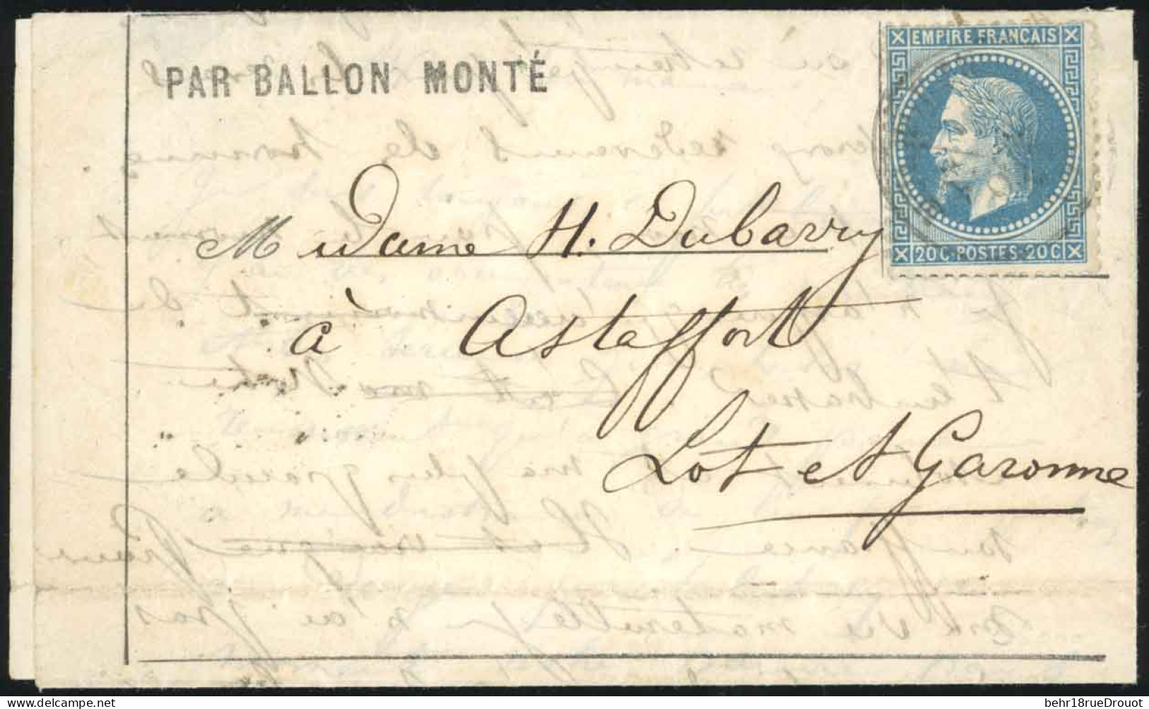 Obl. 29 -- LA GIRONDE. 20c. Lauré Obl. S/formule Imprimée De PARIS Du 6 Novembre 1870 à Destination D'ASTAFFORT - LOT-ET - Guerre De 1870