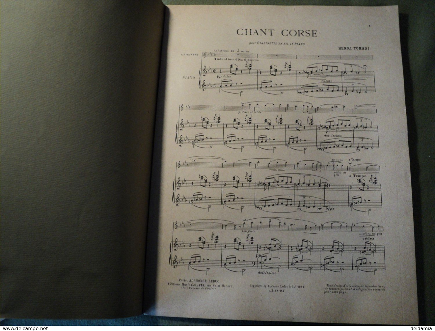 PARTITION CHANT CORSE DE HENRI TOMASI. 1932. POUR CLARINETTE ET PIANO ALPHONSE LEDUC. - Autres & Non Classés