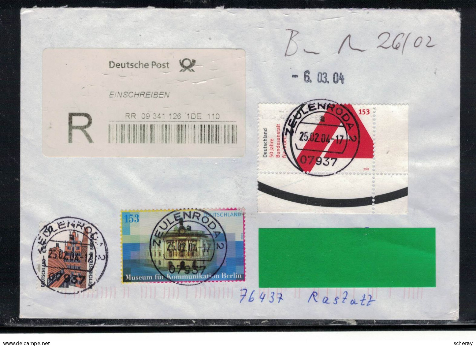 LOT RFA  054  BRIEF EINSCHREIBEN ZEULENRODA 25/02/04 - R- Und V-Zettel