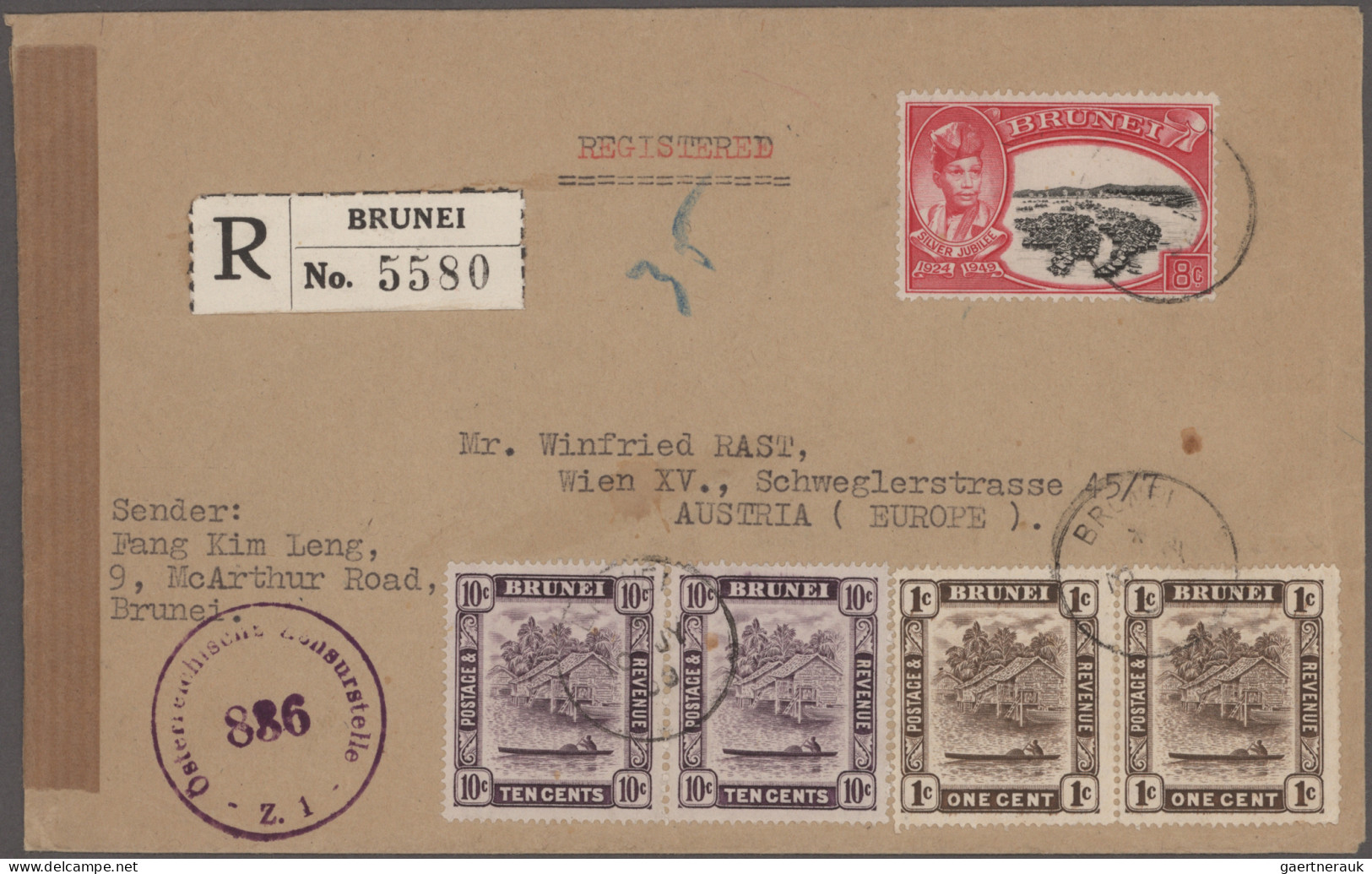 Brunei: 1950, Registered Letter, Franked With 'Silver Jubilee' 8c. And 'Brunei R - Brunei (1984-...)
