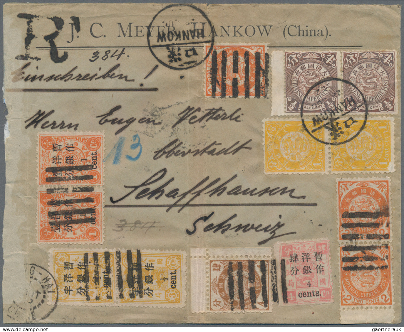 China: 1897, Seriff-type 1/2 C. On 3 Ca. (pair), 1 C. On 1 Ca. (pair), 4 C. On 4 - 1912-1949 Republic