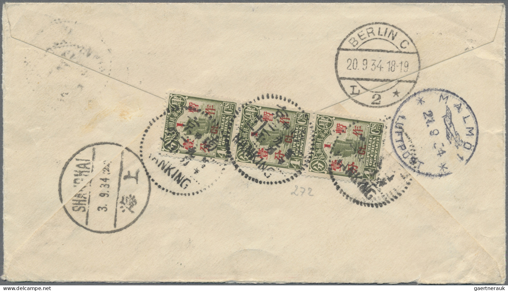 China: 1923/35, Early Airmail Cover Addressed To Sweden Bearing Three Junk Secon - Lettres & Documents