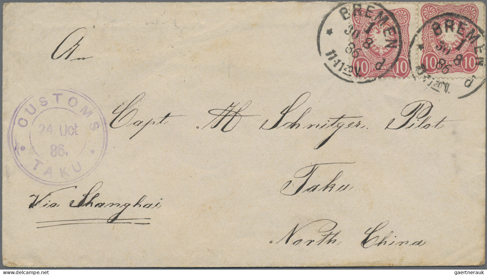 China - Incomming Mail: 1886 (Aug 8) Cover From Germany To Taku Franked By 'Pfen - Sonstige & Ohne Zuordnung