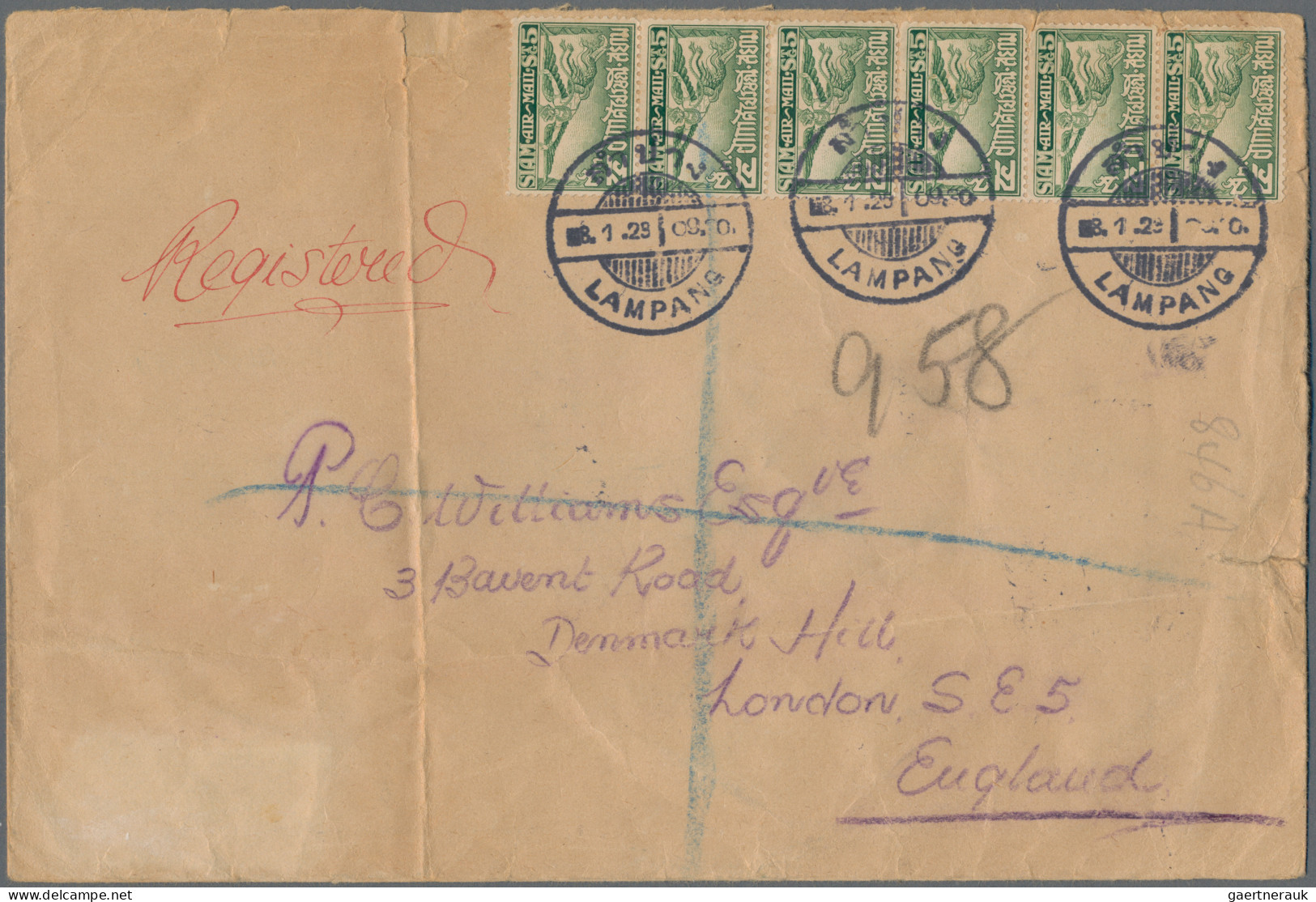 Thailand: 1929 Registered Cover From Lampang To London Via Bangkok, Franked 1925 - Thaïlande