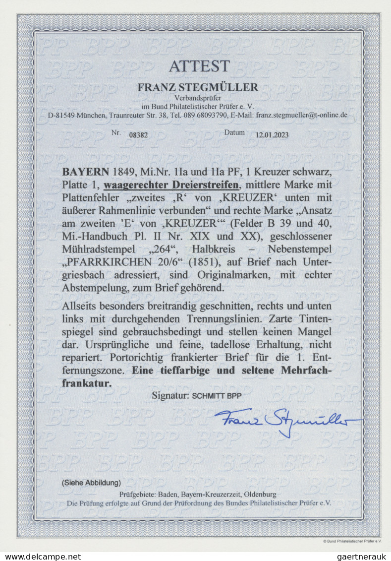 Bayern - Marken Und Briefe: 1849, 1 Kr. Schwarz, Platte 1, Waagerechter Dreierst - Sonstige & Ohne Zuordnung