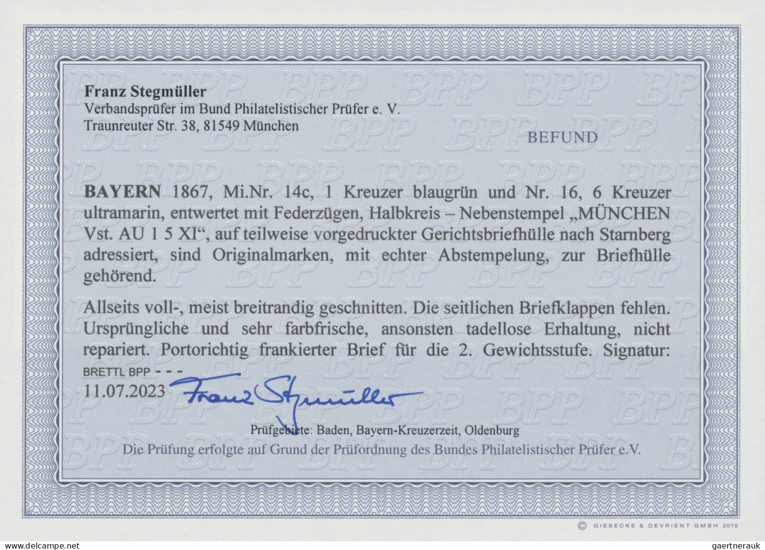 Bayern - Marken Und Briefe: 1867, 1 Kr. Blaugrün Und 6 Kr Ultramarin, Entwertet - Sonstige & Ohne Zuordnung