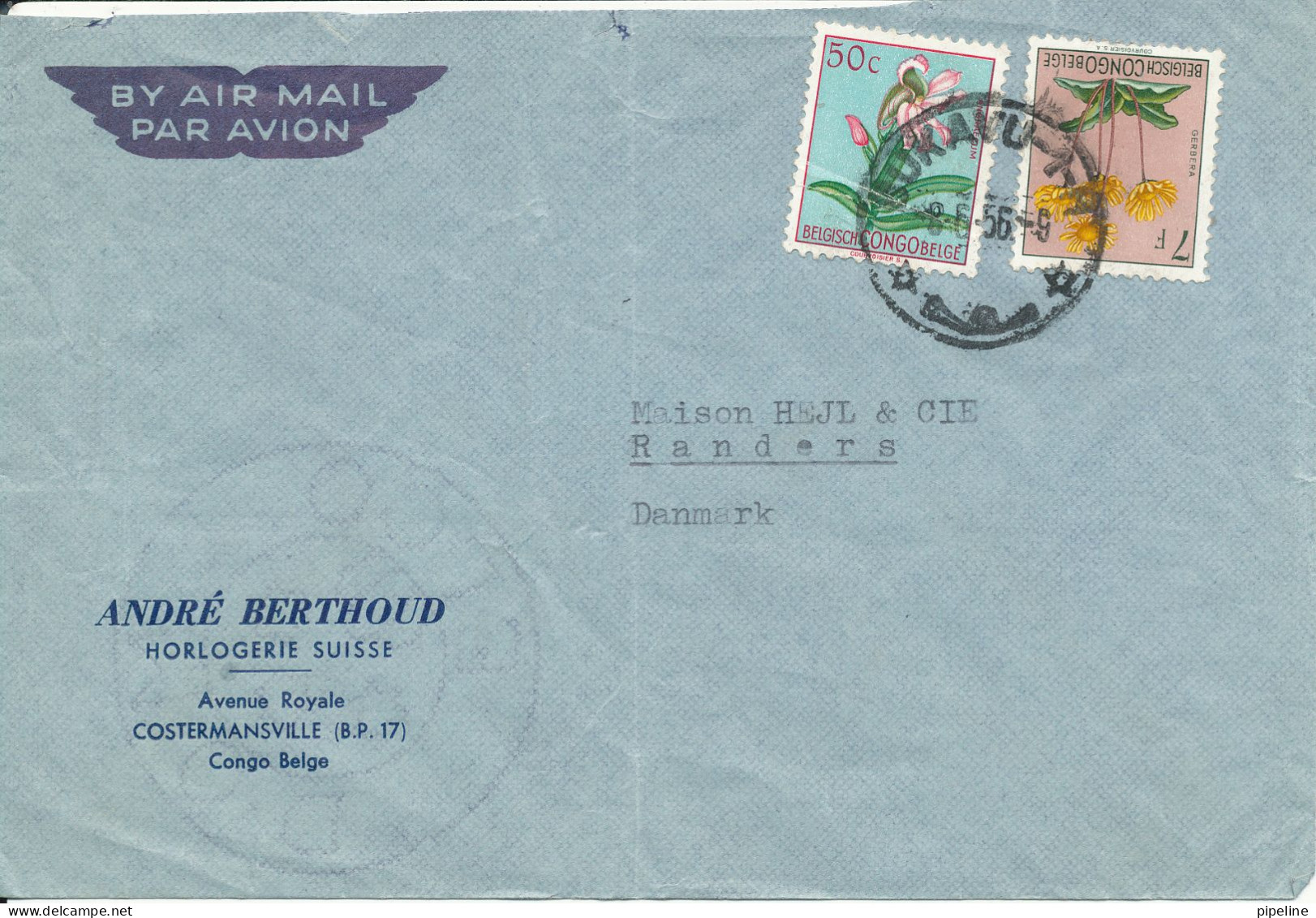 Belgian Congo Air Mail Cover Sent To Denmark 8-6-1956 Topic Stamps FLOWERS The Cover Is Damaged At The Top On The Backsi - Lettres & Documents