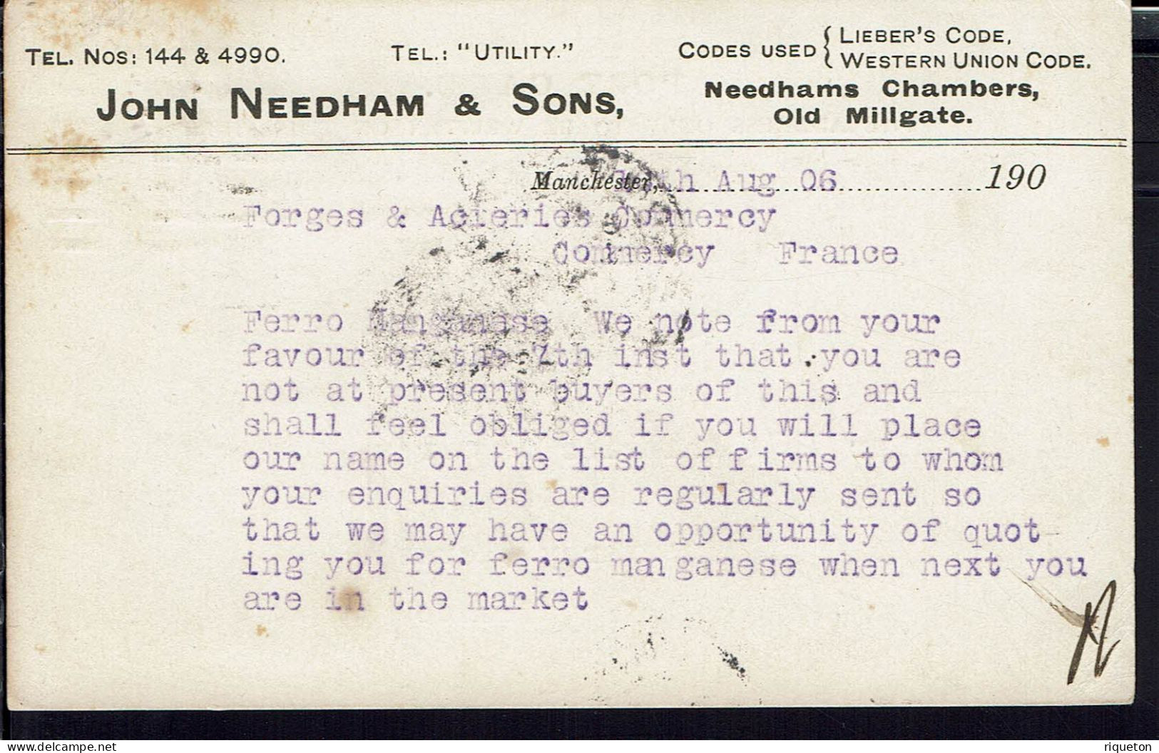 G-Bretagne. John Needham & Sons Manchester. Affr. One Penny Perforé J. N.& S. Sur Carte Postale 8-8-1906 Pour Commercy. - Briefe U. Dokumente