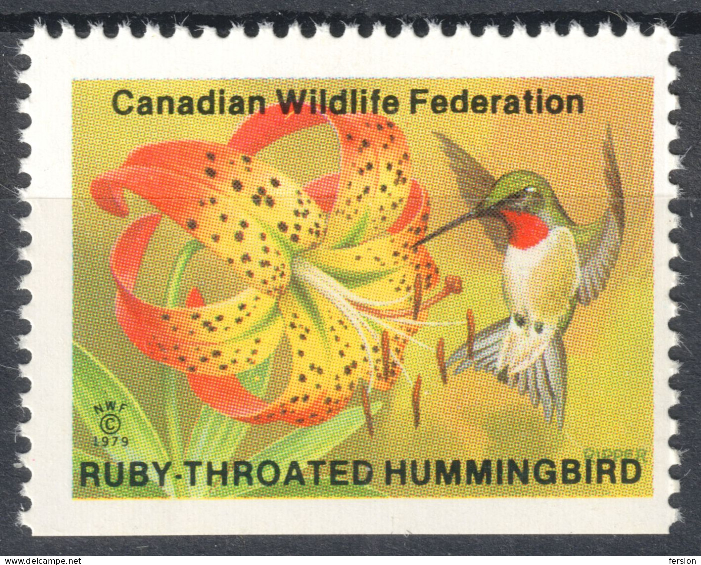HUMMINGBIRD BIRD Birds Lily Flower - Canadian Wildlife Federation NWF LABEL CINDERELLA VIGNETTE 1979 CANADA - Kolibries