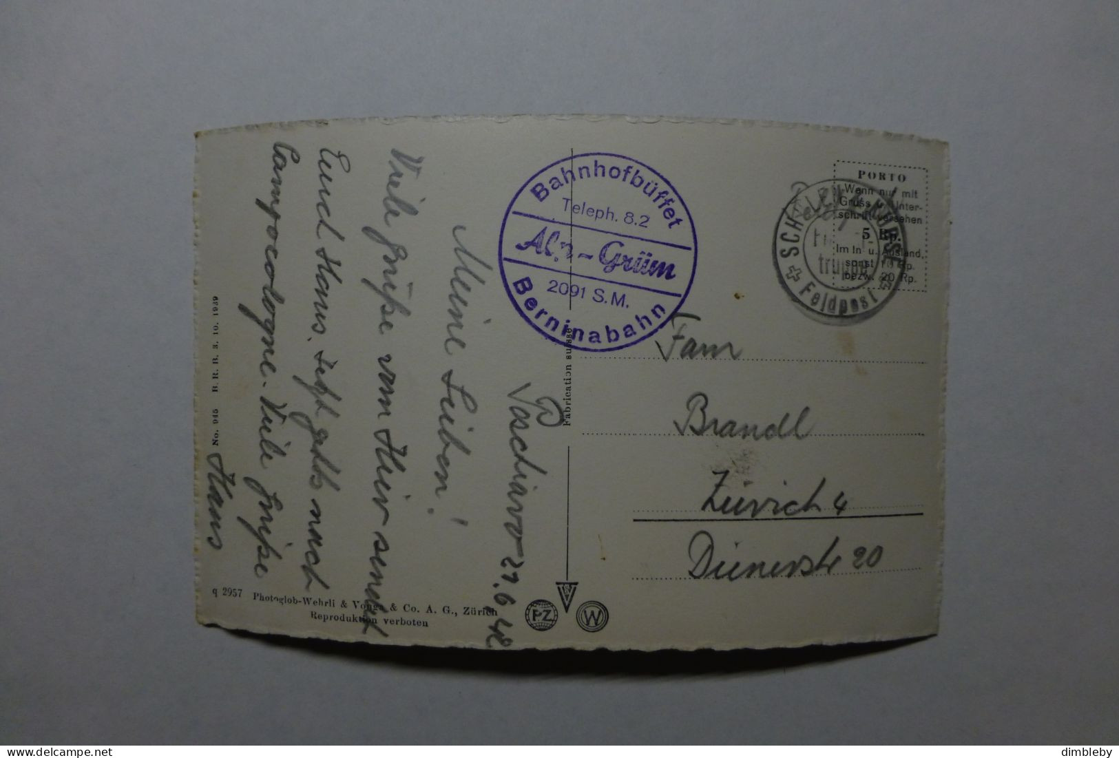 Berninabahn Alp Grüm   Mit Palügletscher  / Stempel Bahnhofbuffet  1942 Feldpost (7128) Rand Oben  Fehlstelle - Poschiavo