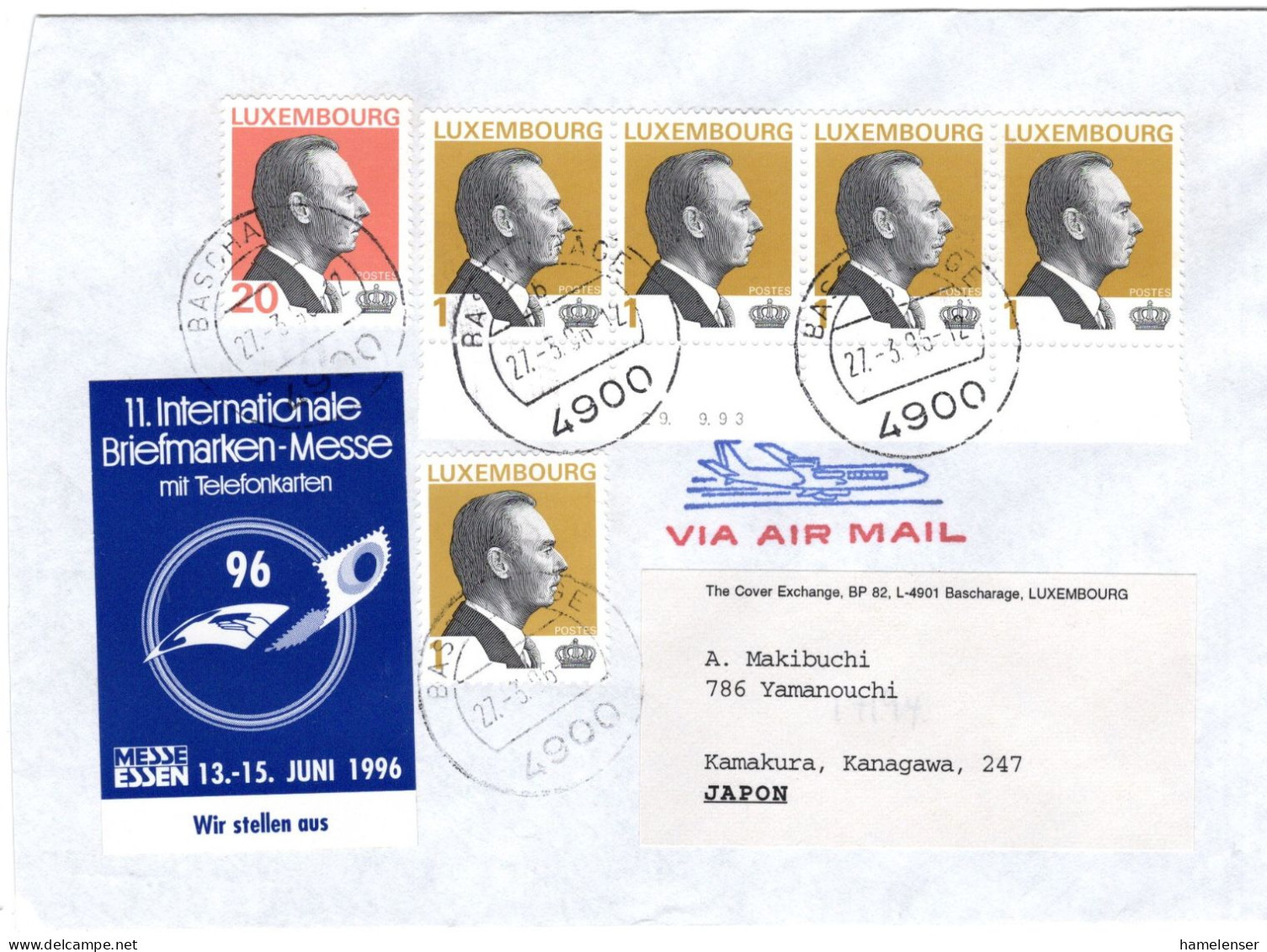 68042 - Luxemburg - 1996 - 20F Jean MiF A LpBf BASCHARAGE -> Japan - Lettres & Documents