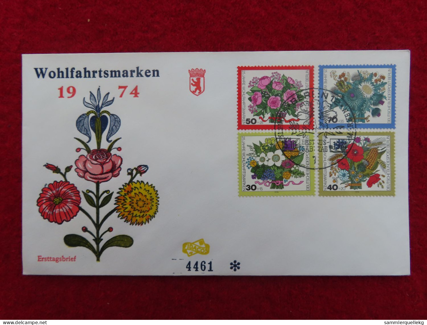 Berlin 473 - 476 Reco Ersttagsbrief 15. 10. 1974, 25 Jahre Wohlfahrtsmarken - Blumensträuße - 1971-1980