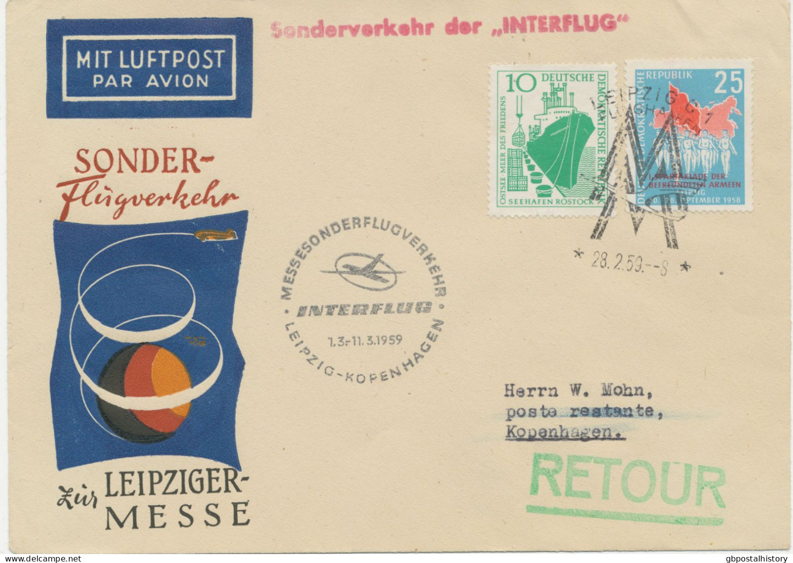 DDR 1.3.1959, Erstflug INTERFLUG Leipziger Frühjahrsmesse „LEIPZIG – KOPENHAGEN“ (HLIII/3 / Dah.41b) - Luftpost