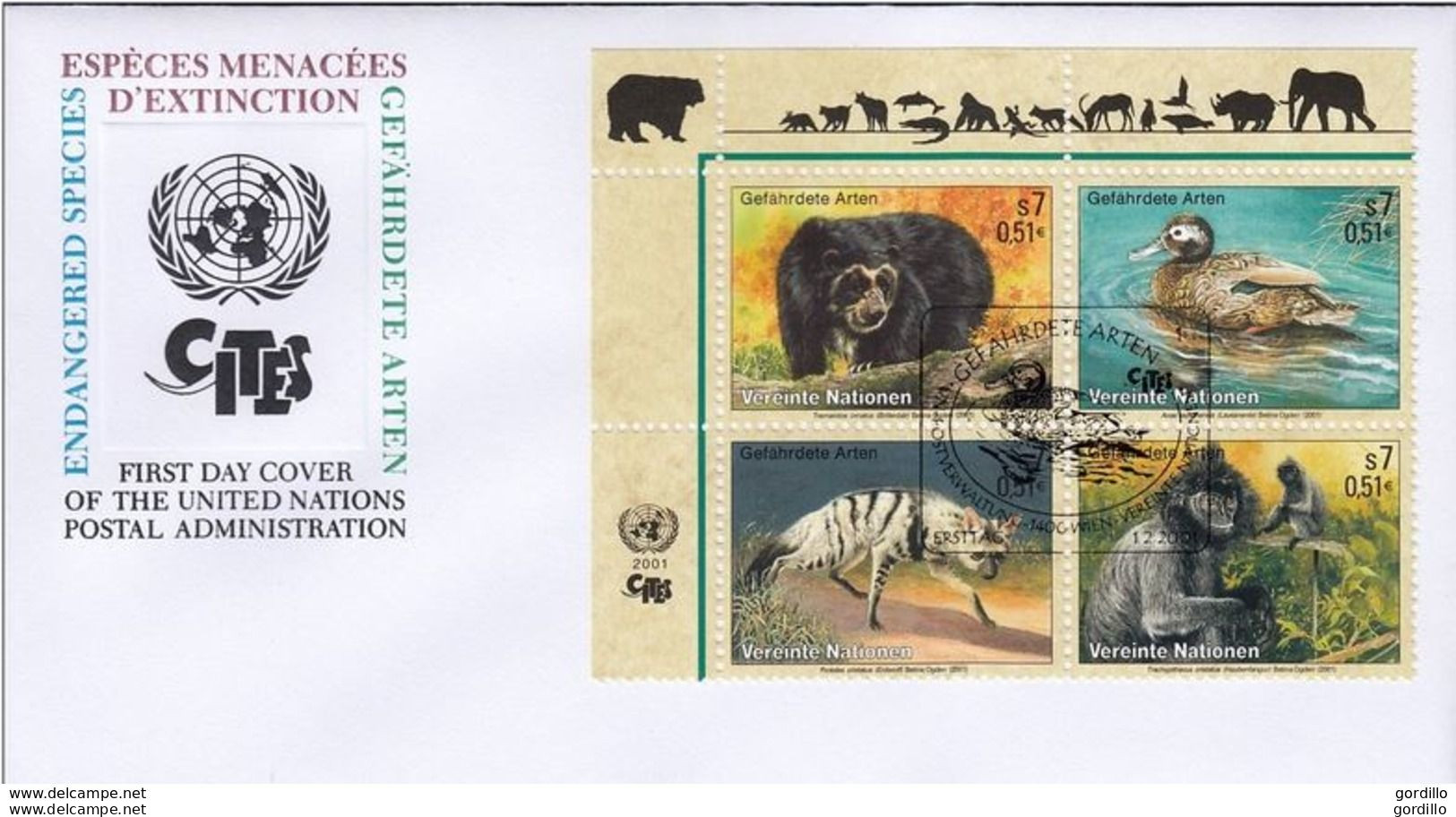 UN WIEN 327-330, 4erBlock Auf FDC, Gefährdete Arten : Fauna 2001 - Blocs-feuillets