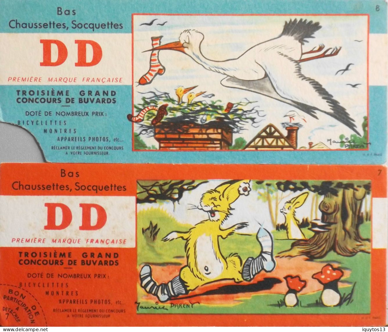 2 BUVARDS - Chaussettes Bas Soquettes D.D - Lapins Et Cigogne - Illustration Maurice Parent N° 7 Et 8 - BE - Animals