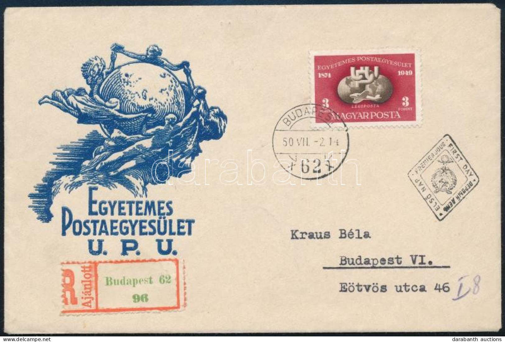 1950 UPU Blokkból Kitépett Bélyeg Első Napi Ajánlott Helyi Levélen / Mi 1111 On Registered Local FDC - Other & Unclassified